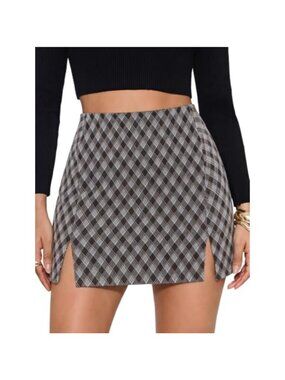 Faux Wool High Waisted Plaid Pencil Mini Skirt with Slit